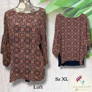 LOFT Outlet - Sz XL - Brown/ Orange Boxy Blouse with 3/4 handkerchief Sleeves